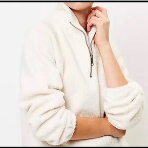 LOFT Women’s Petite Half Zip Cozy Sherpa Sweatshirt Ivory Size Large